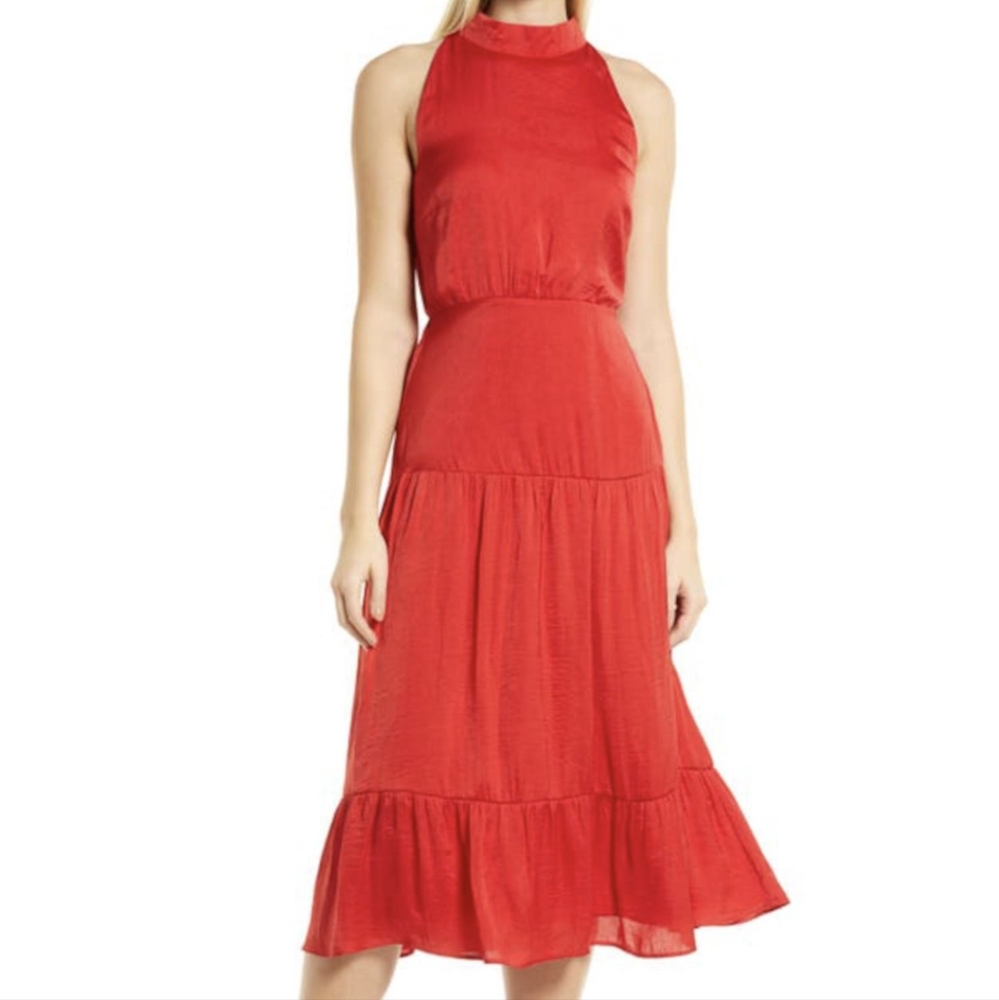 Sam Edelman NWT High Neck Tiered Hem Sleeveless Midi Parachute Red Dress Sz 4